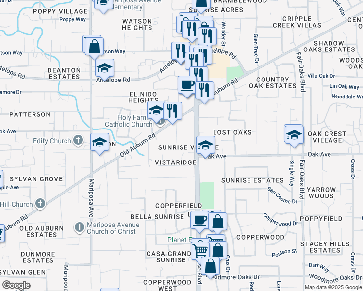 map of restaurants, bars, coffee shops, grocery stores, and more near 7451 Tiara Way in Citrus Heights