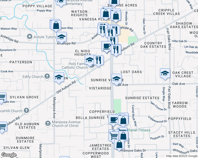 map of restaurants, bars, coffee shops, grocery stores, and more near 7451 Tiara Way in Citrus Heights