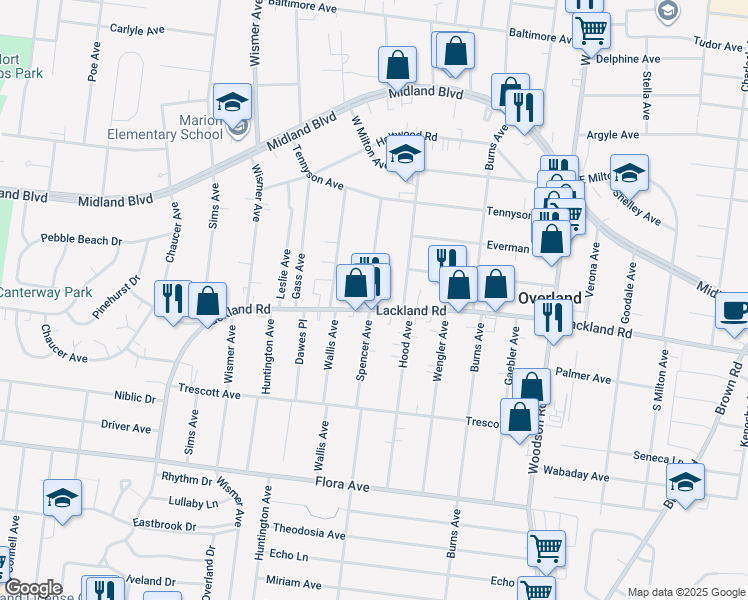 map of restaurants, bars, coffee shops, grocery stores, and more near 2405 Spencer Avenue in Overland
