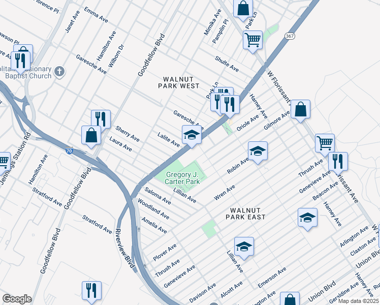map of restaurants, bars, coffee shops, grocery stores, and more near 5140 Riverview Boulevard in St. Louis