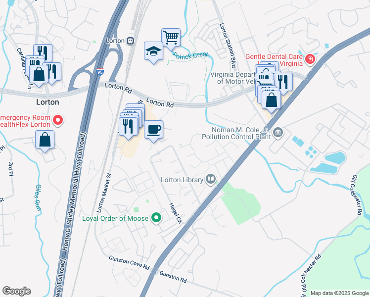 map of restaurants, bars, coffee shops, grocery stores, and more near 7815 Lambkin Court in Lorton