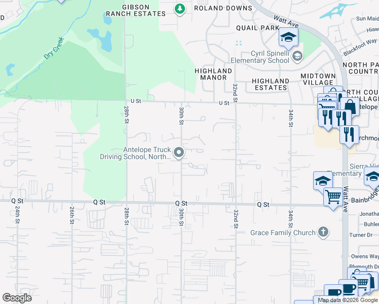 map of restaurants, bars, coffee shops, grocery stores, and more near 7400 30th Street in North Highlands