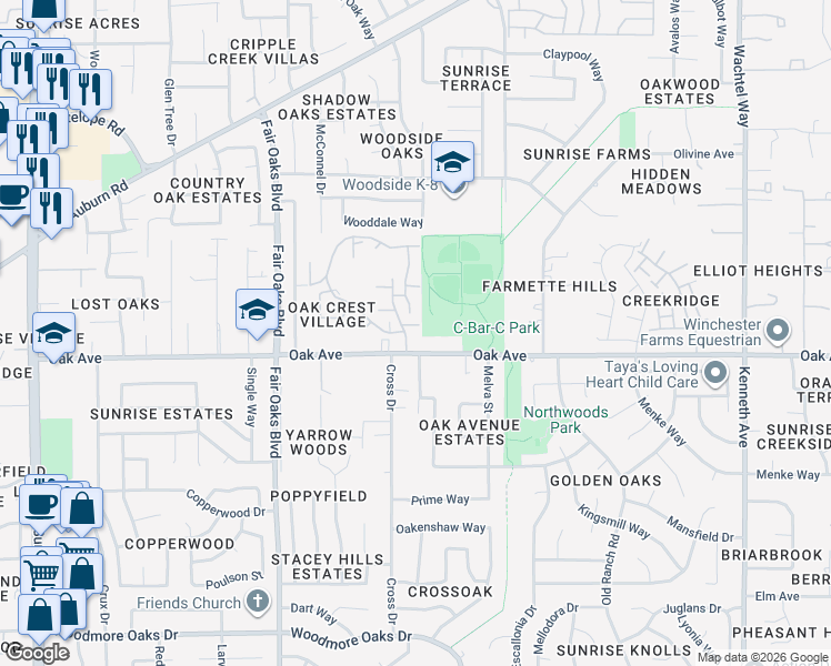 map of restaurants, bars, coffee shops, grocery stores, and more near 8217 Fox Meadow Place in Citrus Heights