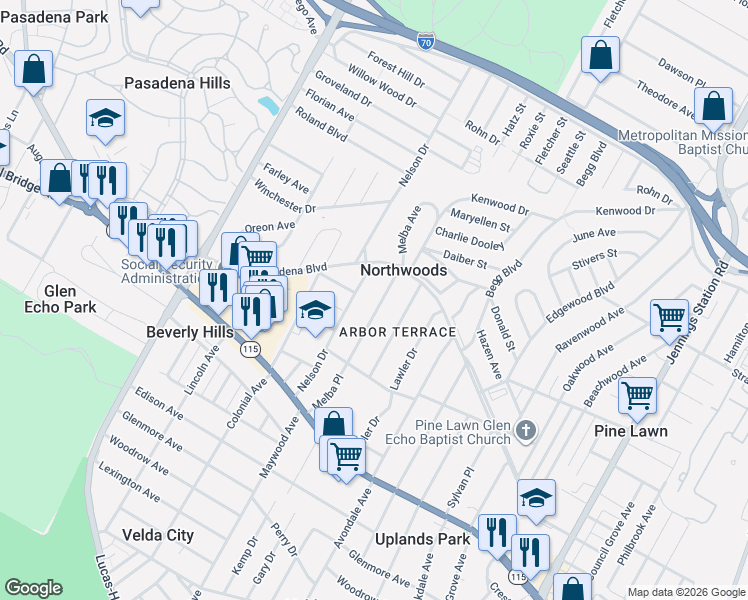 map of restaurants, bars, coffee shops, grocery stores, and more near 3844 Nelson Drive in St. Louis