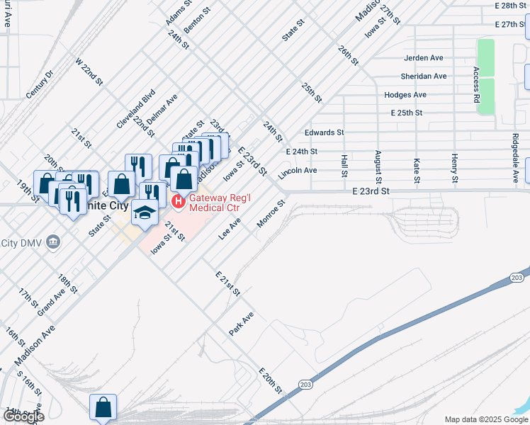 map of restaurants, bars, coffee shops, grocery stores, and more near 2257 Monroe Street in Granite City