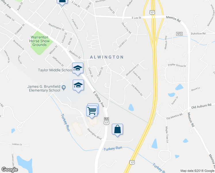 map of restaurants, bars, coffee shops, grocery stores, and more near 21 Kingsbridge Court in Warrenton