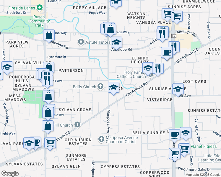map of restaurants, bars, coffee shops, grocery stores, and more near 7436 Mariposa Avenue in Citrus Heights
