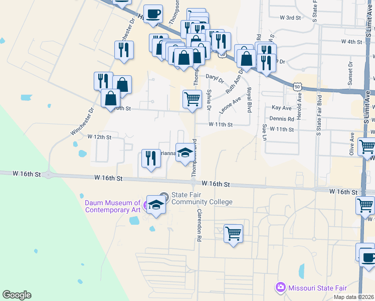 map of restaurants, bars, coffee shops, grocery stores, and more near 1500 Thompson Boulevard in Sedalia
