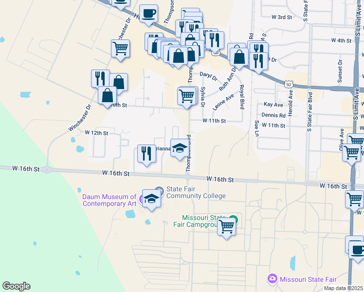 map of restaurants, bars, coffee shops, grocery stores, and more near 1500 Thompson Boulevard in Sedalia