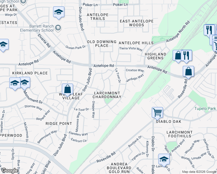 map of restaurants, bars, coffee shops, grocery stores, and more near 5215 Airons Court in Sacramento