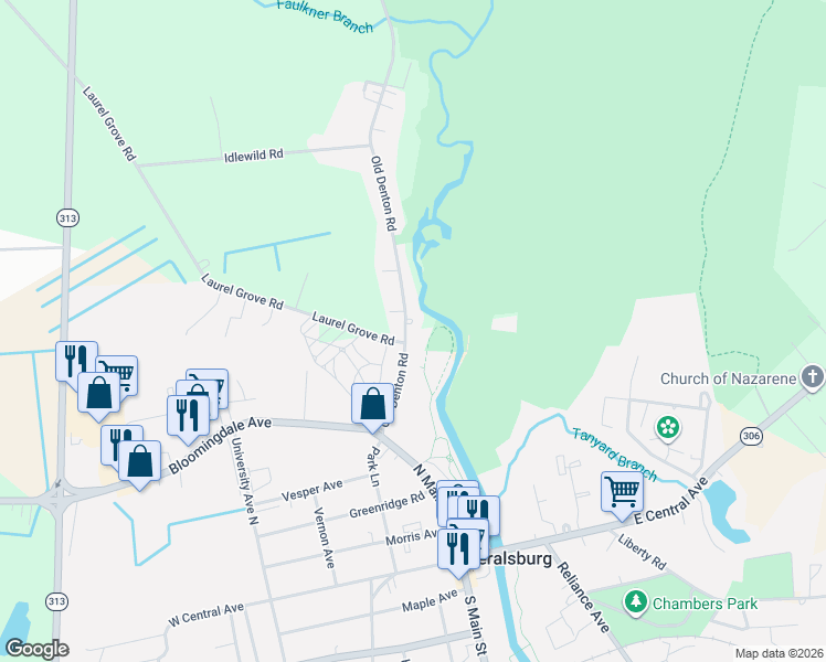 map of restaurants, bars, coffee shops, grocery stores, and more near 321 Denton Road in Federalsburg
