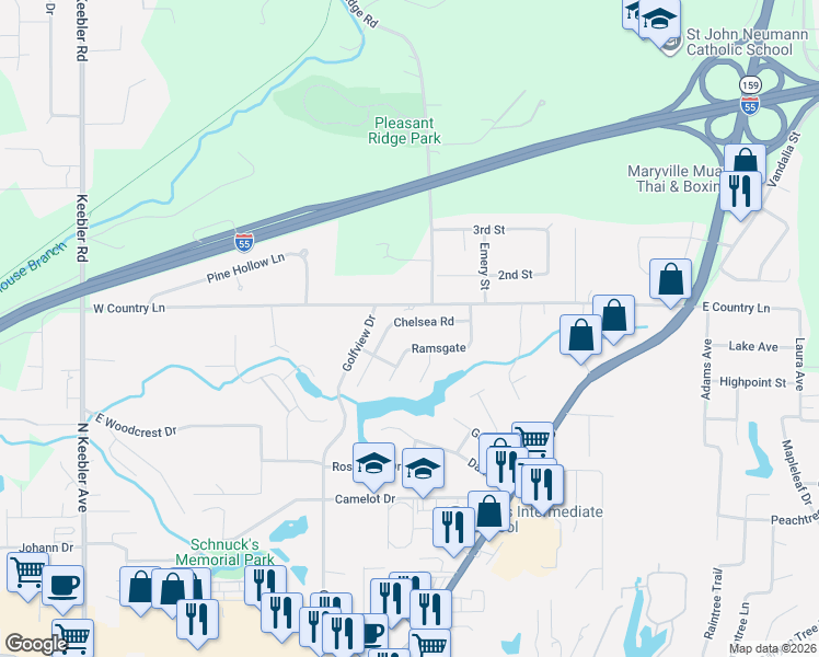 map of restaurants, bars, coffee shops, grocery stores, and more near 29 Chelsea Road in Collinsville