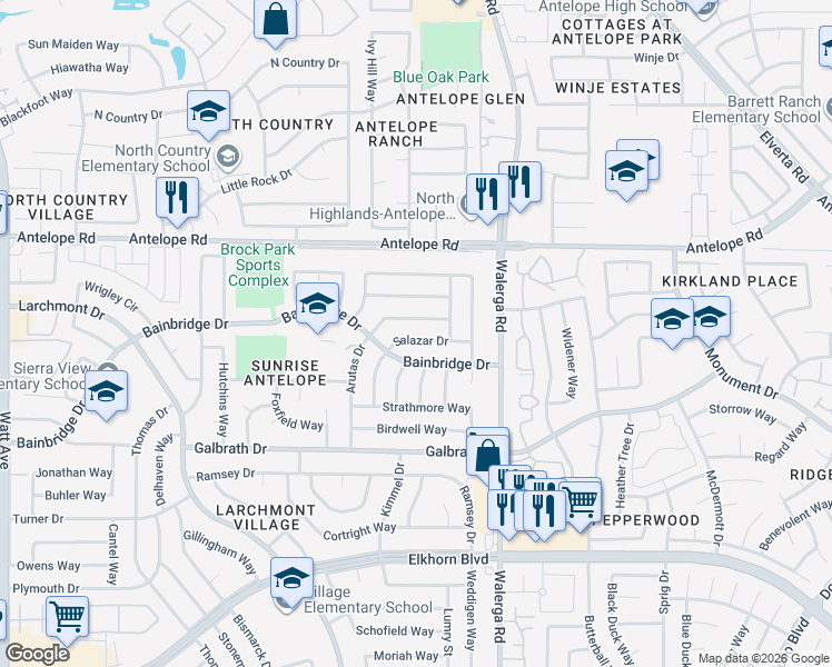 map of restaurants, bars, coffee shops, grocery stores, and more near 7348 Arutas Drive in North Highlands