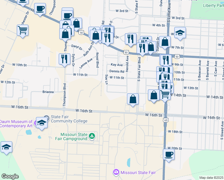 map of restaurants, bars, coffee shops, grocery stores, and more near 2501 Albert Lee Avenue in Sedalia