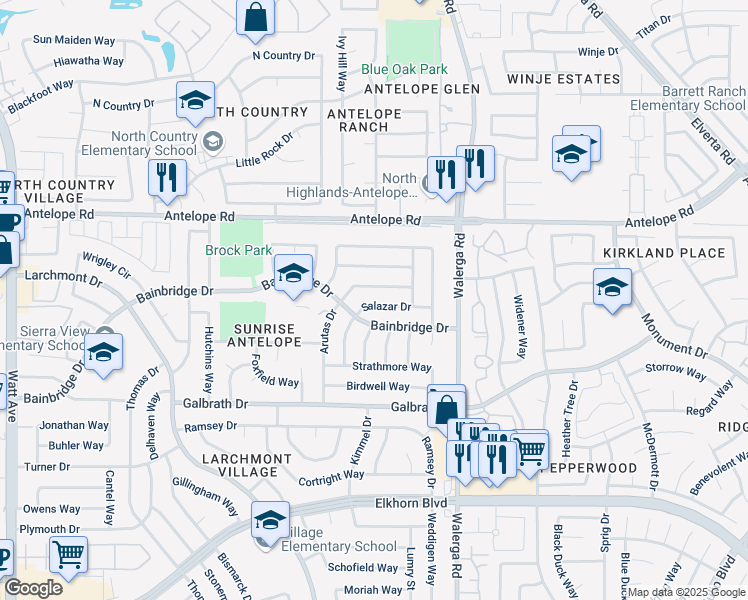 map of restaurants, bars, coffee shops, grocery stores, and more near 7323 Salazar Drive in North Highlands