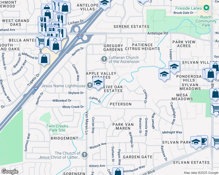 map of restaurants, bars, coffee shops, grocery stores, and more near 6985 Henning Drive in Citrus Heights