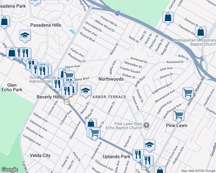map of restaurants, bars, coffee shops, grocery stores, and more near in Northwoods