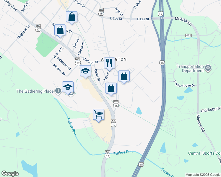 map of restaurants, bars, coffee shops, grocery stores, and more near 16 Kingsbridge Court in Warrenton