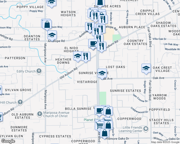 map of restaurants, bars, coffee shops, grocery stores, and more near 7451 Tiara Way in Citrus Heights