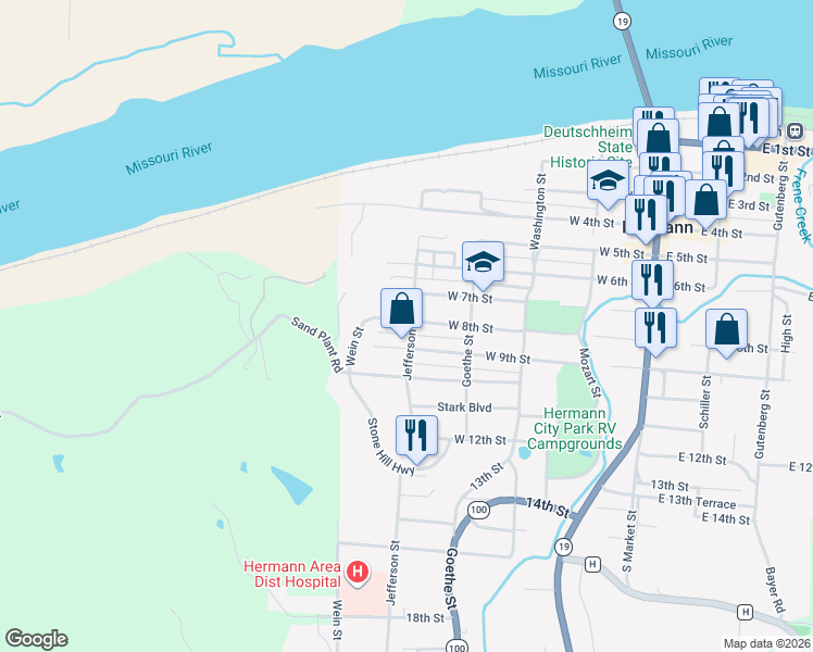 map of restaurants, bars, coffee shops, grocery stores, and more near 514 West 8th Street in Hermann