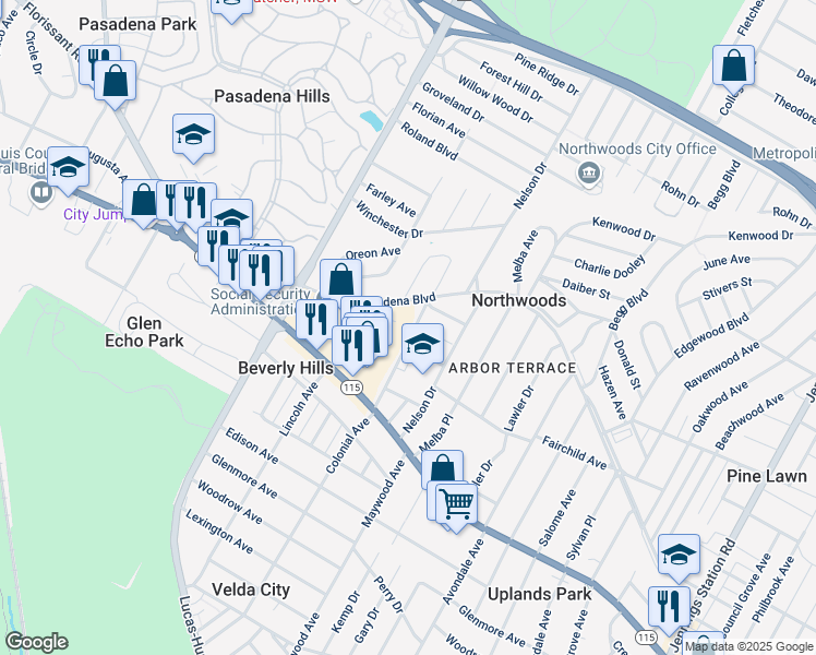 map of restaurants, bars, coffee shops, grocery stores, and more near 4009 Colonial Avenue in St. Louis