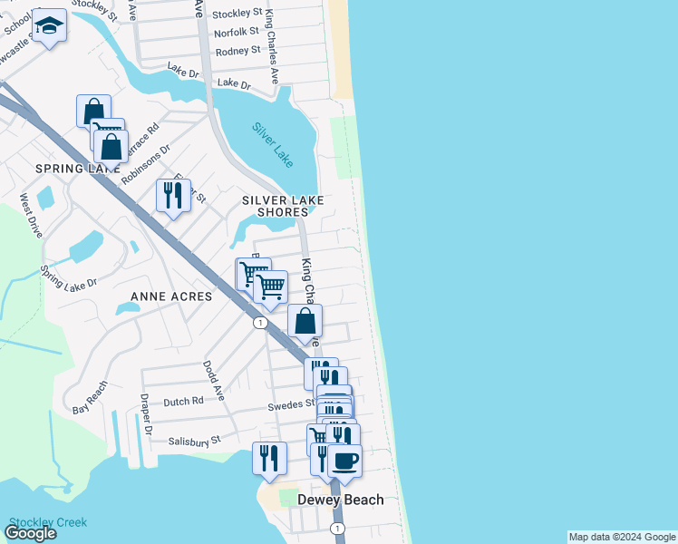 map of restaurants, bars, coffee shops, grocery stores, and more near 4 Jersey Street in Dewey Beach