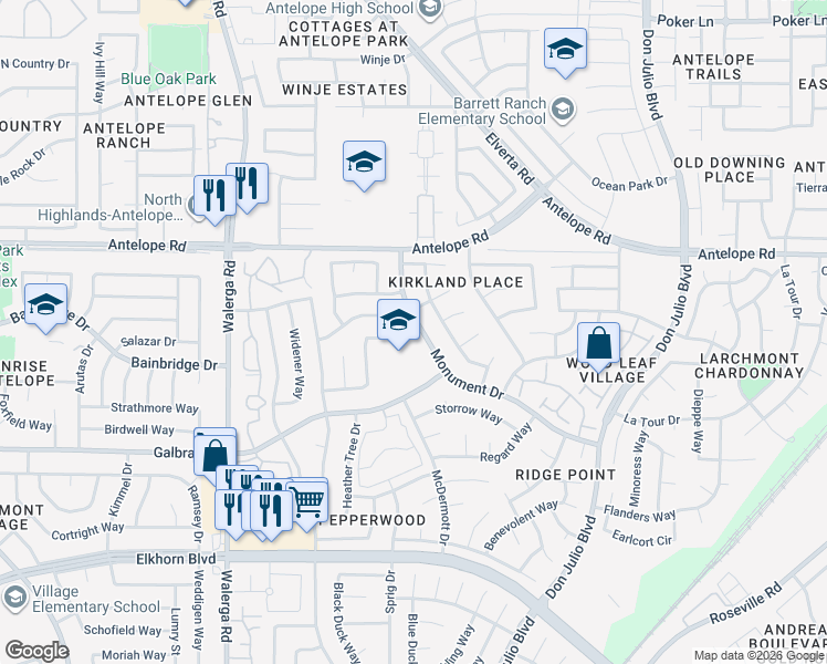 map of restaurants, bars, coffee shops, grocery stores, and more near 4657 Monument Drive in Sacramento