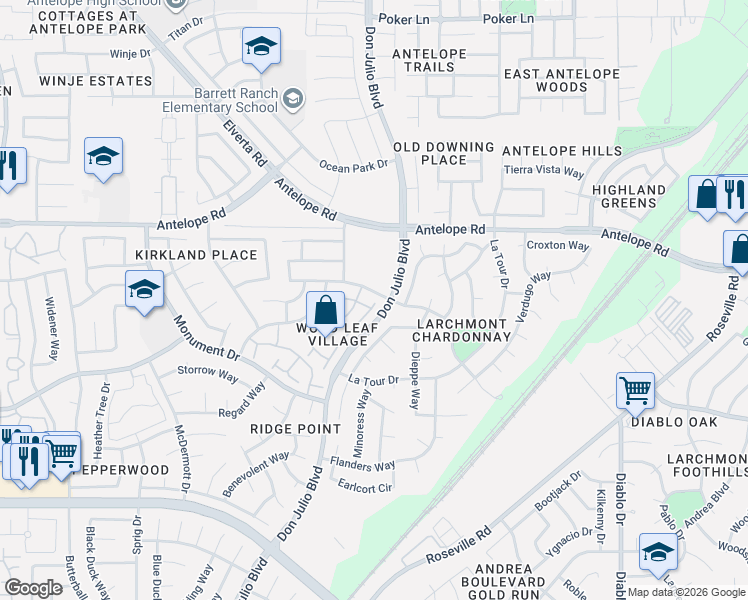 map of restaurants, bars, coffee shops, grocery stores, and more near 7612 Monogram Drive in Sacramento