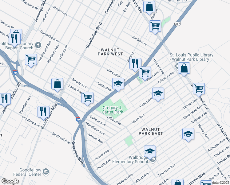 map of restaurants, bars, coffee shops, grocery stores, and more near 5140 Riverview Boulevard in St. Louis