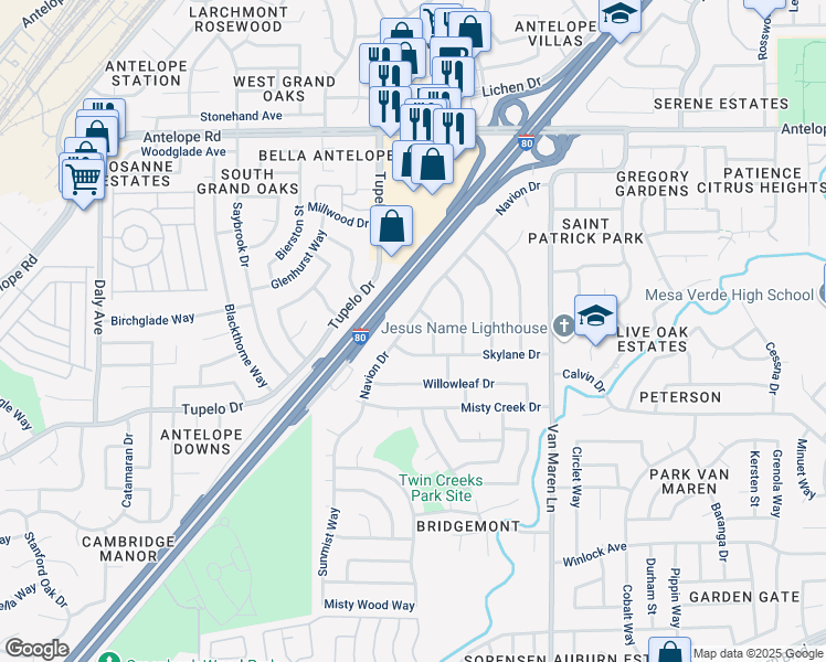 map of restaurants, bars, coffee shops, grocery stores, and more near 6516 Navion Dr in Citrus Heights