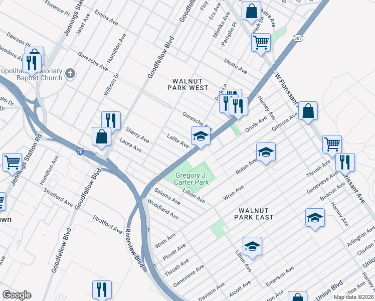 map of restaurants, bars, coffee shops, grocery stores, and more near 5913 Lalite Avenue in St. Louis