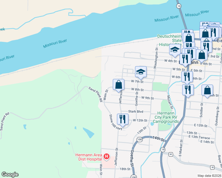 map of restaurants, bars, coffee shops, grocery stores, and more near 514 West 8th Street in Hermann