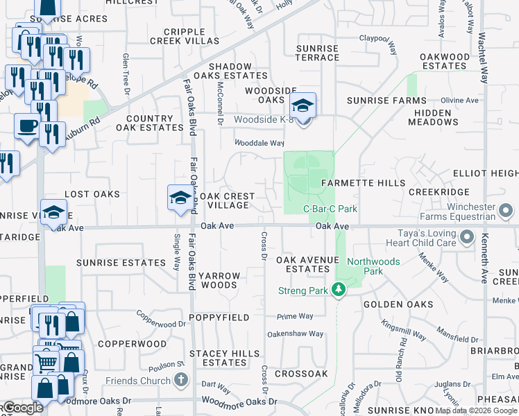 map of restaurants, bars, coffee shops, grocery stores, and more near 7423 Silver Birch Place in Citrus Heights