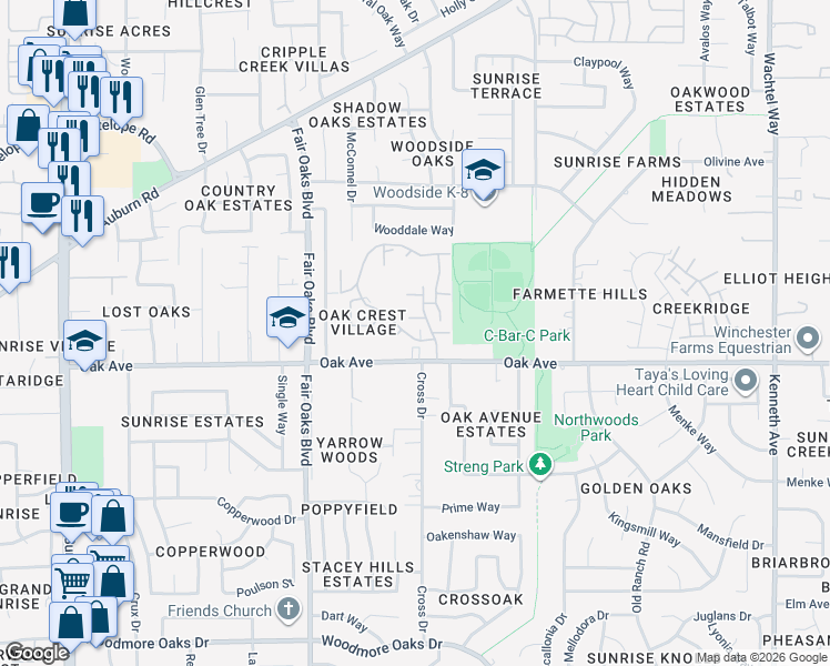 map of restaurants, bars, coffee shops, grocery stores, and more near 7423 Silver Birch Place in Citrus Heights