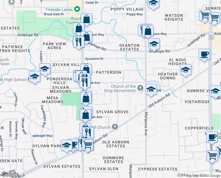 map of restaurants, bars, coffee shops, grocery stores, and more near 7432 Robmar Court in Citrus Heights