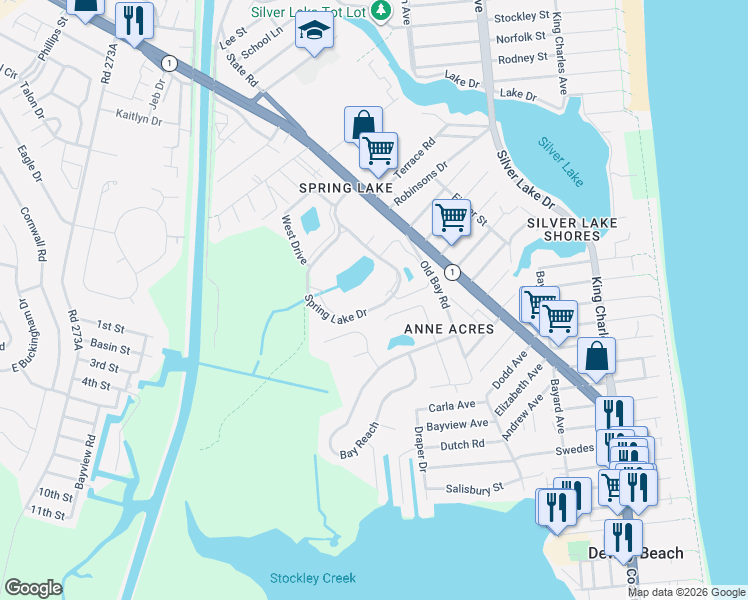 map of restaurants, bars, coffee shops, grocery stores, and more near 424 Spring Lake Drive in Rehoboth Beach