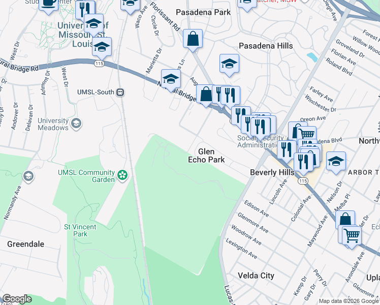 map of restaurants, bars, coffee shops, grocery stores, and more near 3401 Lucas and Hunt Road in St. Louis