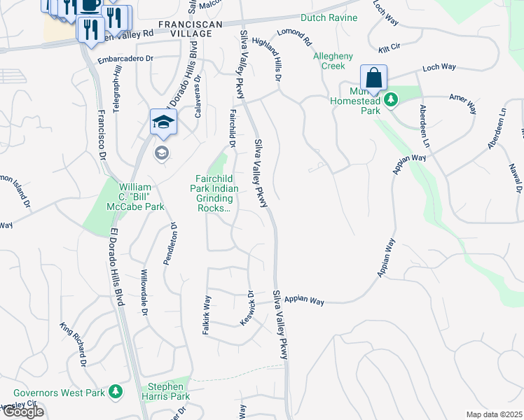 map of restaurants, bars, coffee shops, grocery stores, and more near 2227 Rookery Pl in El Dorado Hills
