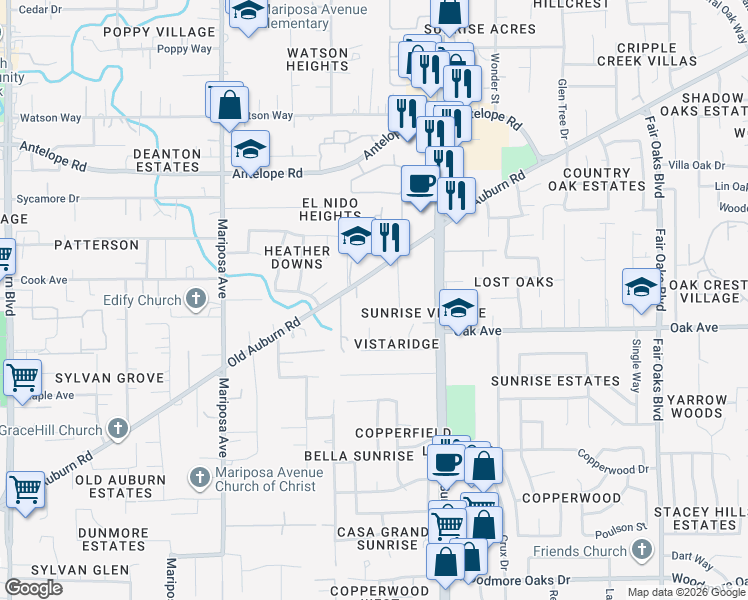 map of restaurants, bars, coffee shops, grocery stores, and more near 7828 Old Auburn Road in Citrus Heights