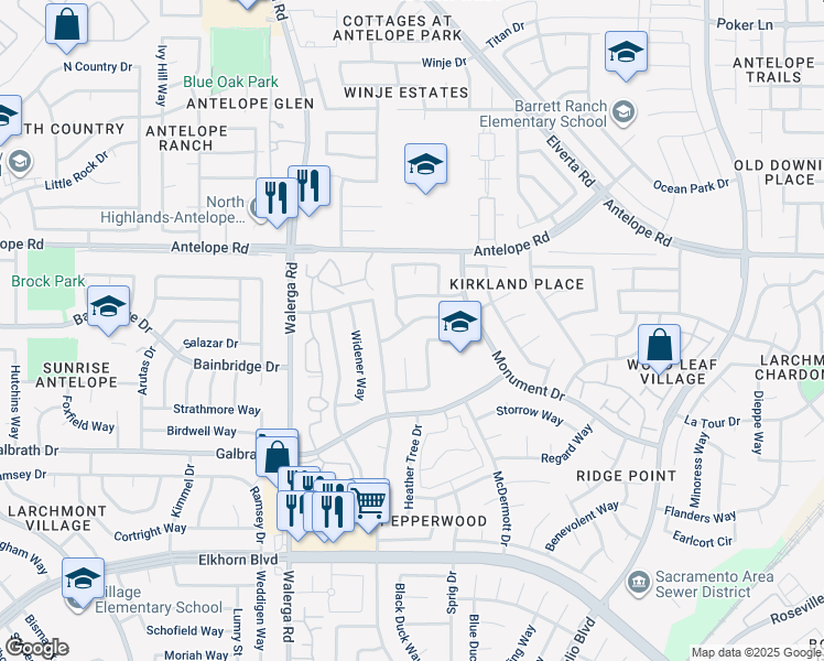 map of restaurants, bars, coffee shops, grocery stores, and more near 4520 Dunnbury Way in Sacramento