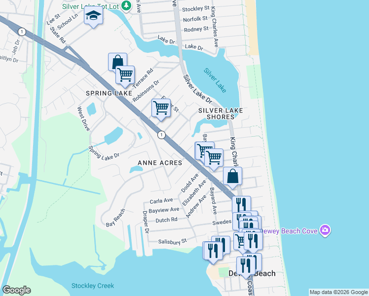 map of restaurants, bars, coffee shops, grocery stores, and more near 38399 George Street in Rehoboth Beach
