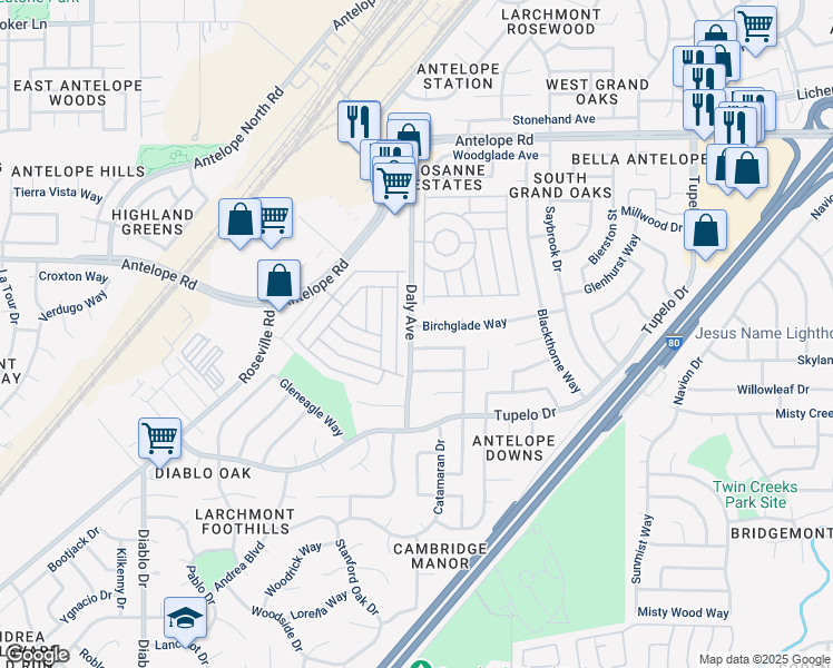 map of restaurants, bars, coffee shops, grocery stores, and more near 5900 Birchglade Way in Citrus Heights