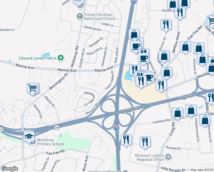 map of restaurants, bars, coffee shops, grocery stores, and more near 1096 Dawn Valley Drive in Maryland Heights