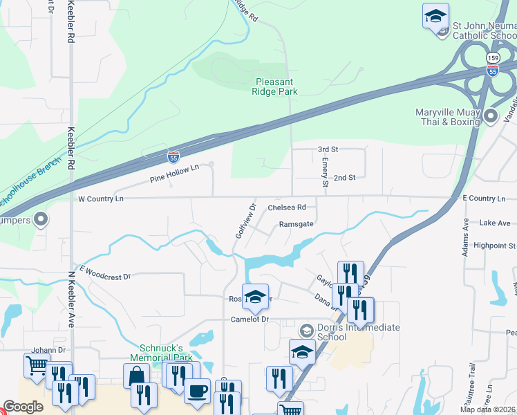 map of restaurants, bars, coffee shops, grocery stores, and more near 21 Chelsea Road in Collinsville