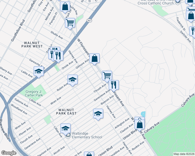 map of restaurants, bars, coffee shops, grocery stores, and more near 5535 Plover Avenue in St. Louis