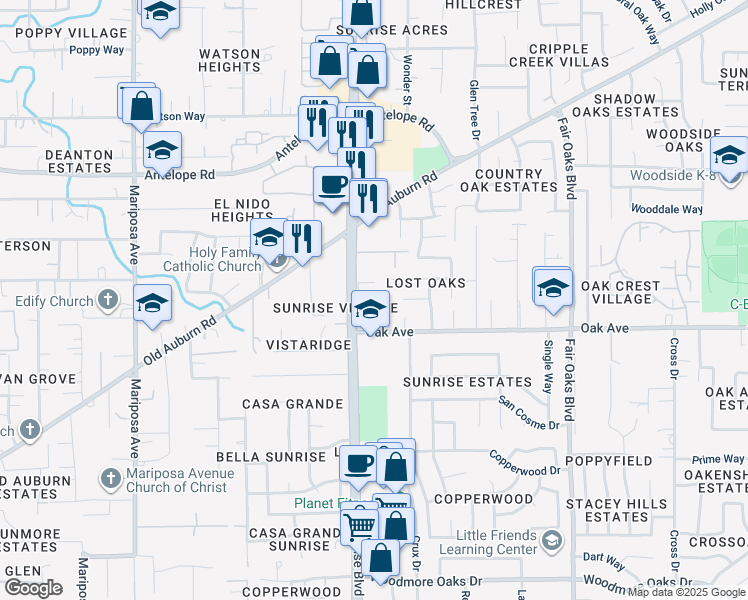 map of restaurants, bars, coffee shops, grocery stores, and more near 7424 Sunrise Boulevard in Citrus Heights