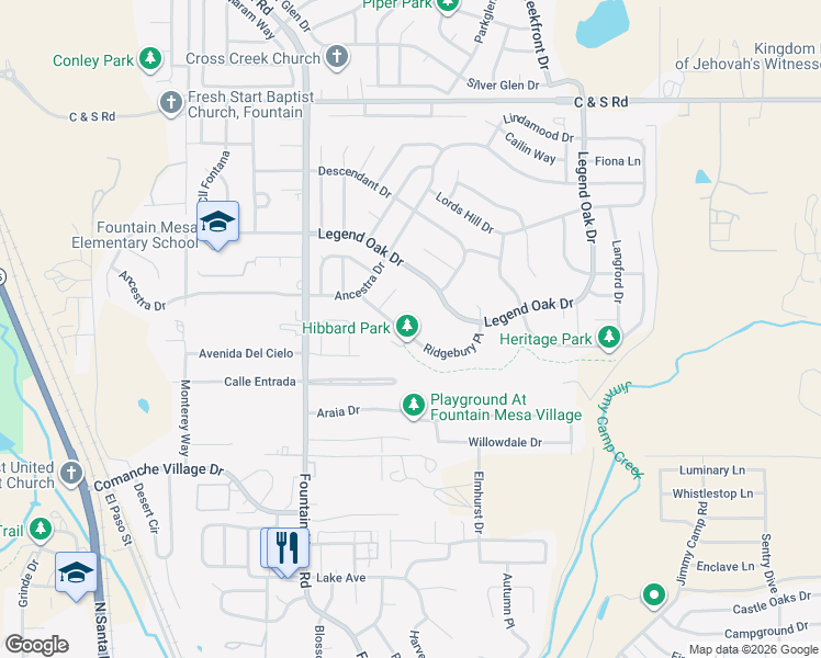 map of restaurants, bars, coffee shops, grocery stores, and more near 780 Ridgebury Place in Fountain