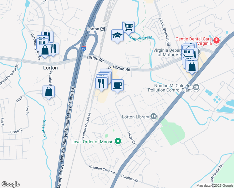 map of restaurants, bars, coffee shops, grocery stores, and more near 9542 Inverary Court in Lorton