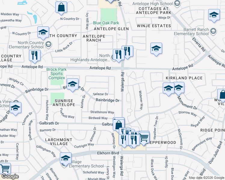 map of restaurants, bars, coffee shops, grocery stores, and more near 4266 Worthington Drive in North Highlands