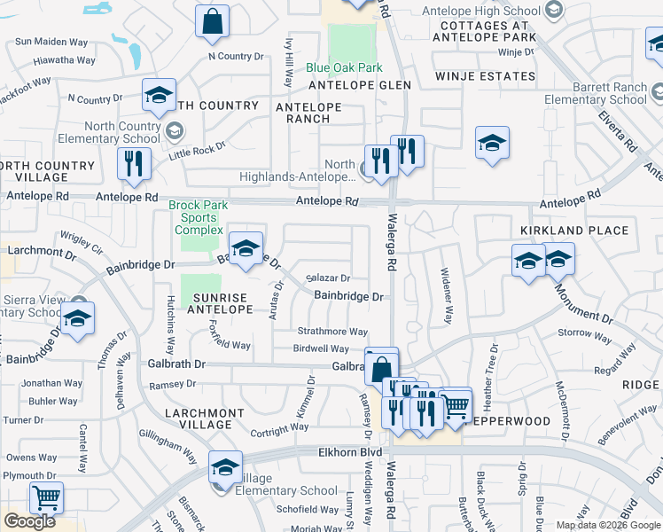 map of restaurants, bars, coffee shops, grocery stores, and more near 7348 Arutas Drive in North Highlands